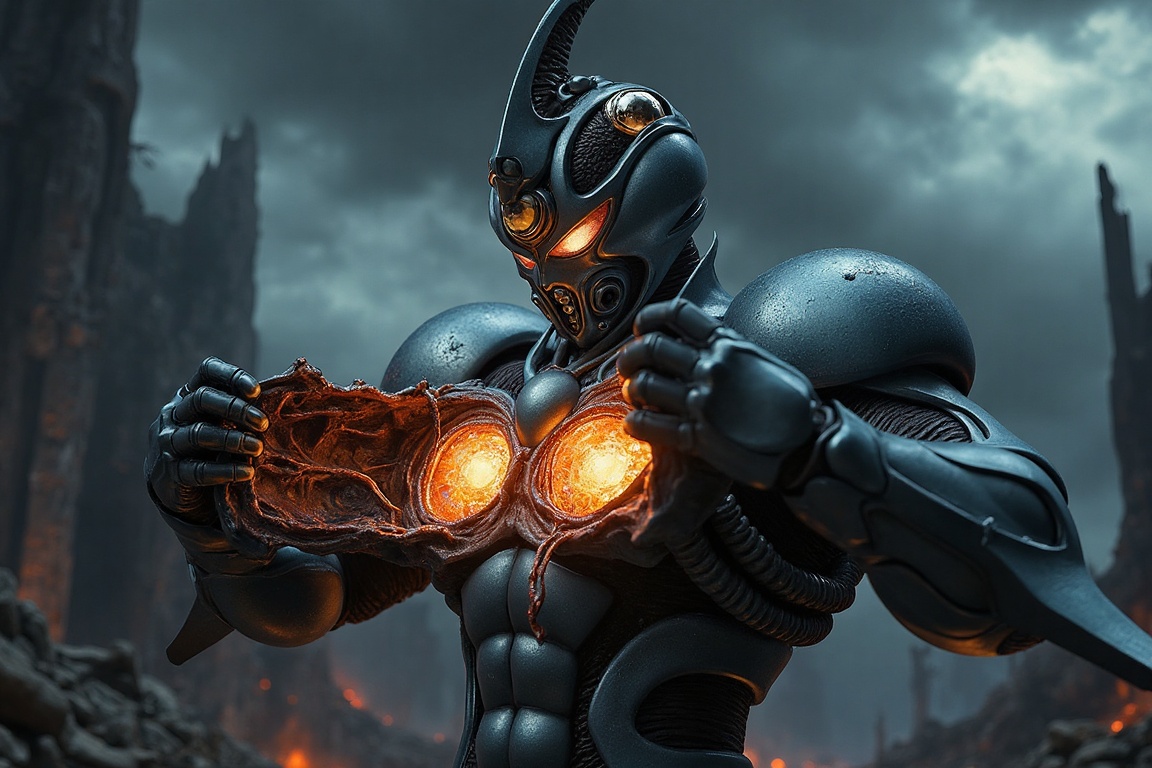 Close-up portrait of Bio Booster Armor Guyver,  dynamic pose,  both hands gripping and pulling open chest armor covers on...
