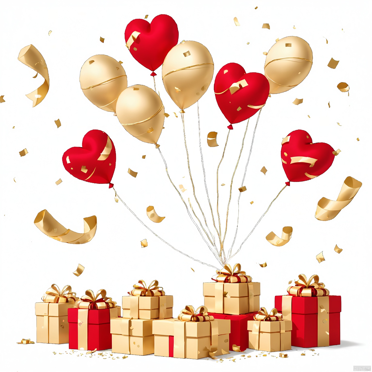 QQYS,A digital illustration featuring a cluster of red and gold heart-shaped balloons tied together with white strings,floating above a stack of six red gift boxes with gold ribbons. The background is white with scattered gold confetti,creating a festive and celebratory atmosphere. The image has a clean,minimalistic style with a focus on vibrant colors and elegant decorations. The balloons and boxes are centered,with the balloons appearing to be in the process of descending. The overall composition is balanced and visually appealing,with a sense of joy and celebration.,
