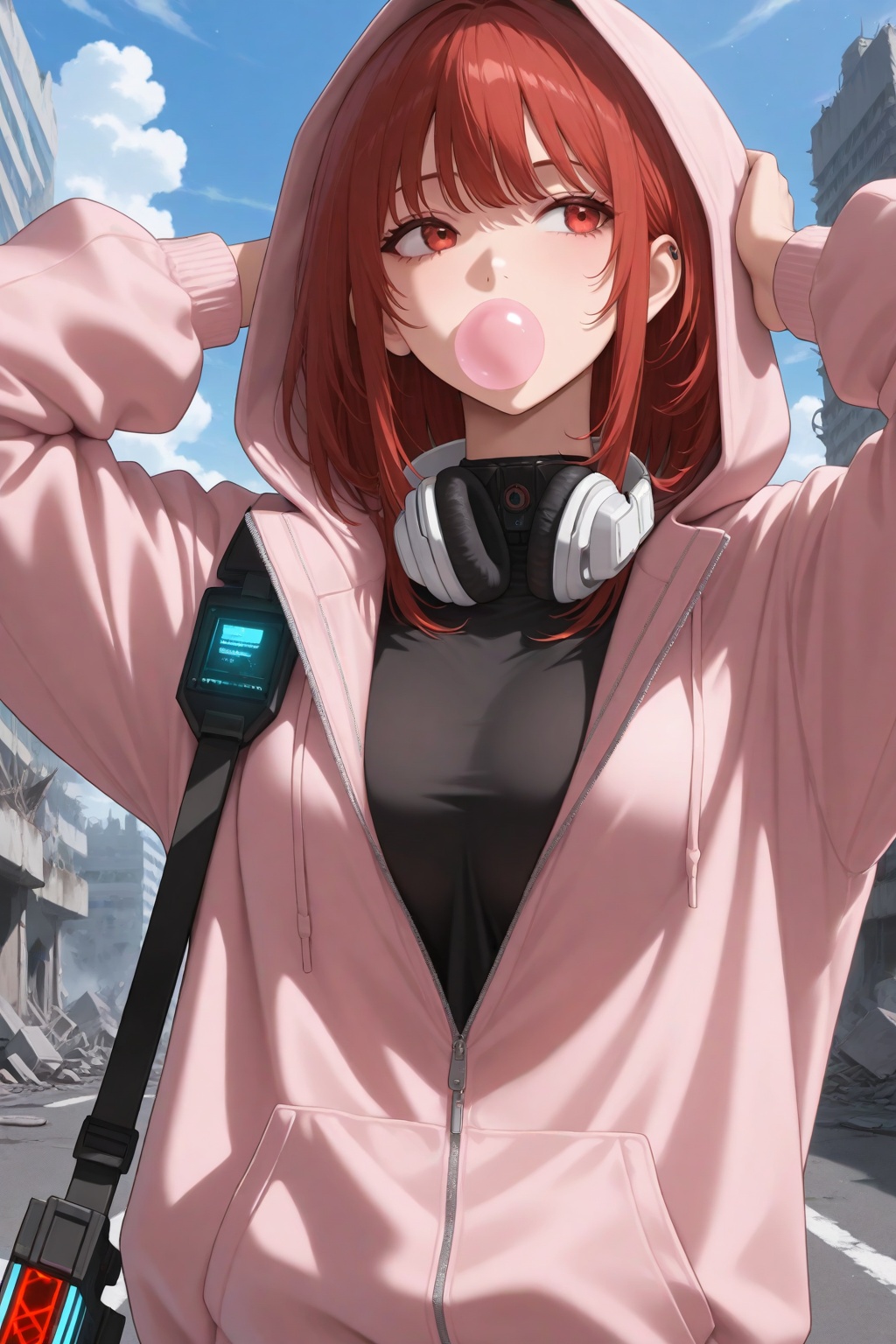 masterpiece, best quality, very aesthetic, ultra-detailed, absurdres, upper body, facing viewer, hands behind own head, 1girl, solo, look away, red hair, medium hair, choppy bangs, himecut, sidelocks, red eyes, bubble gum, pink hoodie, hood up, black shirt, techwear, plasma rifle, (weapon on own behind), headphone on neck, apocalypse, ruined city, blue sky, street, clouds, sci-fi