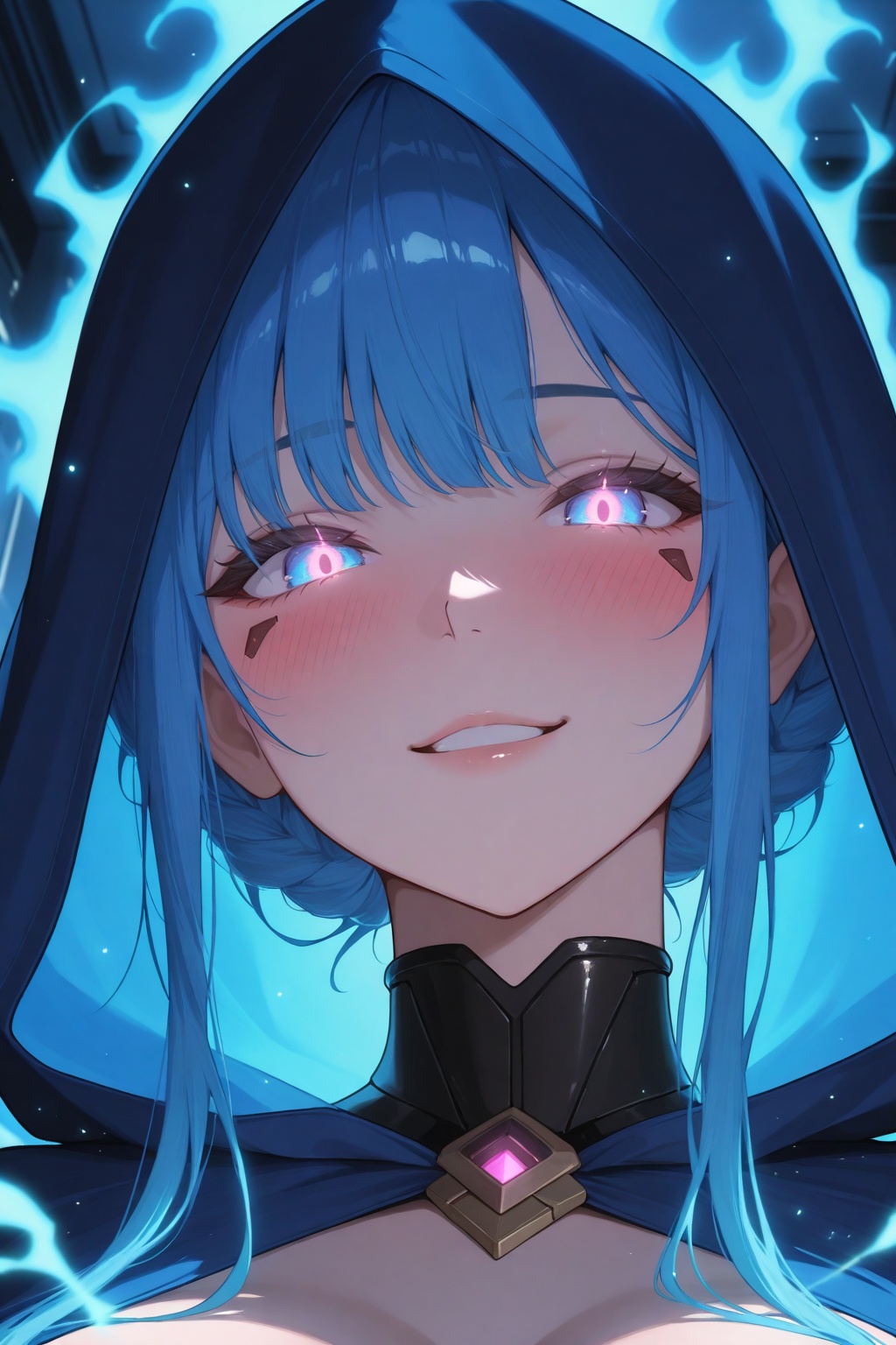 masterpiece, best quality, amazing quality, very aesthetic, high resolution, ultra-detailed, absurdres, newest, 8k UHD, close up, cyborg, 1girl, solo, look at viewer, short blue hair, bobbed hairstyle, bangs, slight smile, happy face, blushing, glowing eyes, cyberpunk, indoors, sorceress, blue robe, hood, magic, fantasy, blue energy aura, blue light particles, neon room