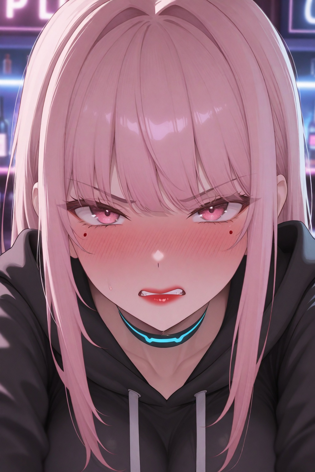 masterpiece, best quality, amazing quality, very aesthetic, high resolution, ultra-detailed, absurdres, newest, 8k UHD, POV, close up, 1girl, solo, look at viewer, short pink hair, bangs, pink eyes, red lips, tsundere, blushing, angry cute face, cyberpunk style, bar, standing, black hoodie, red shirt