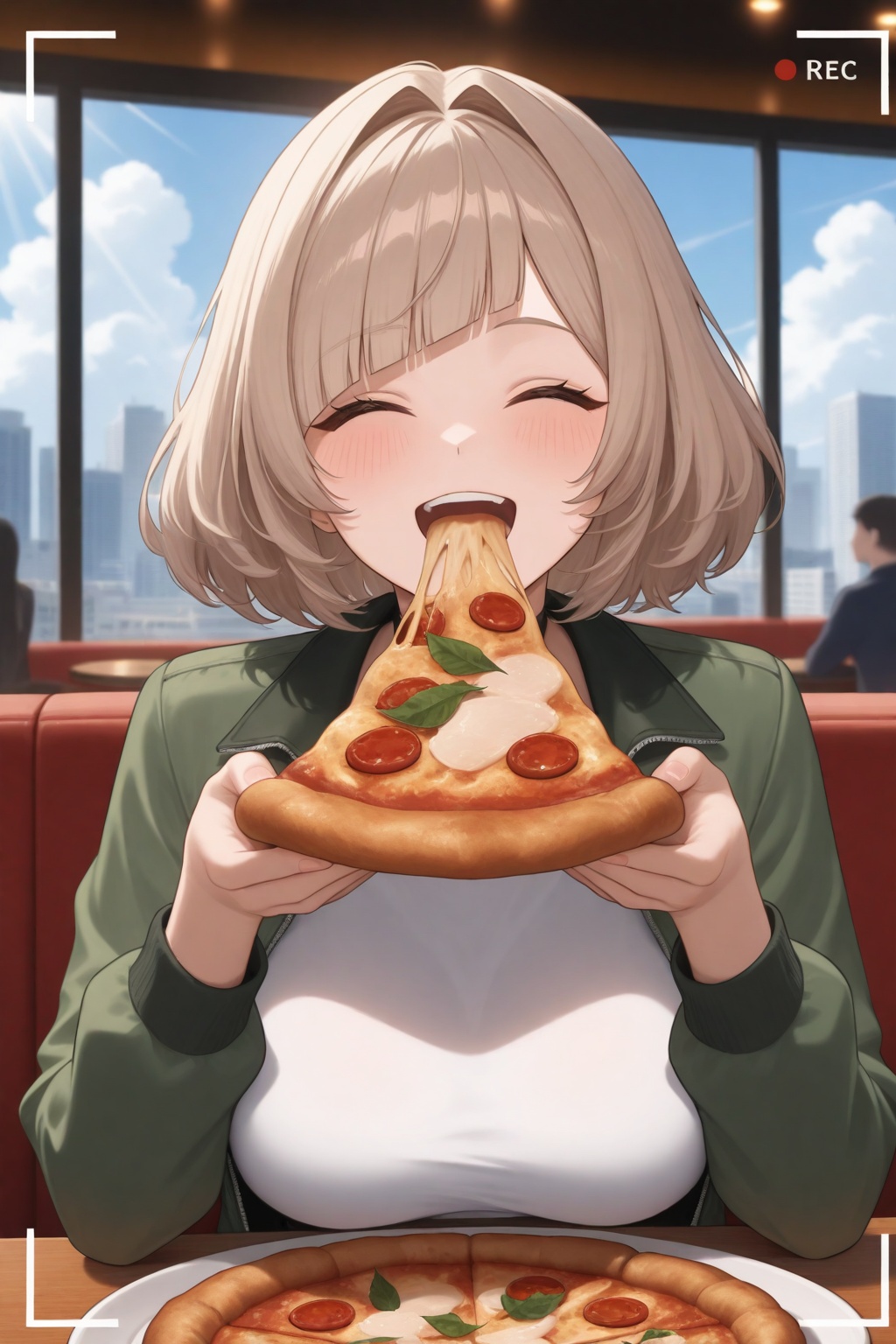 masterpiece, best quality, very aesthetic, ultra-detailed, incredibly absurdres, viewfinder, facing view, upper body, 1girl, solo focus, eating pizza, light brown hair, short hair, bob cut, hair intakes, wavy hair, diagonal bangs, happy, excited, green jacket, white shirt, restaurant, sitting on chair, table, indoors, volumetric lighting, window, city, blue sky, clouds, sunlight, shade