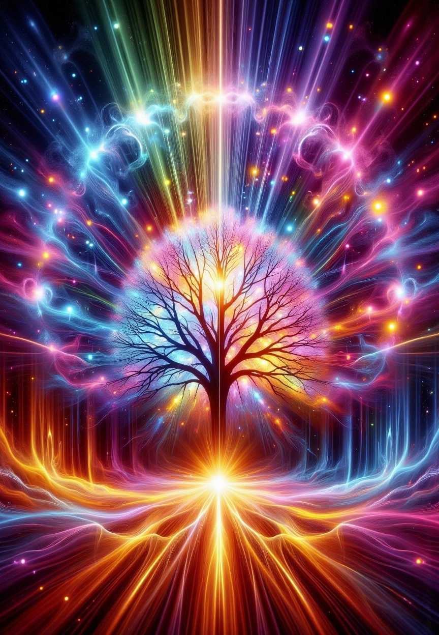 a vibrant,  ethereal scene centered around a glowing tree. The tree's roots extend outward,  emitting bright on Tensor.Art