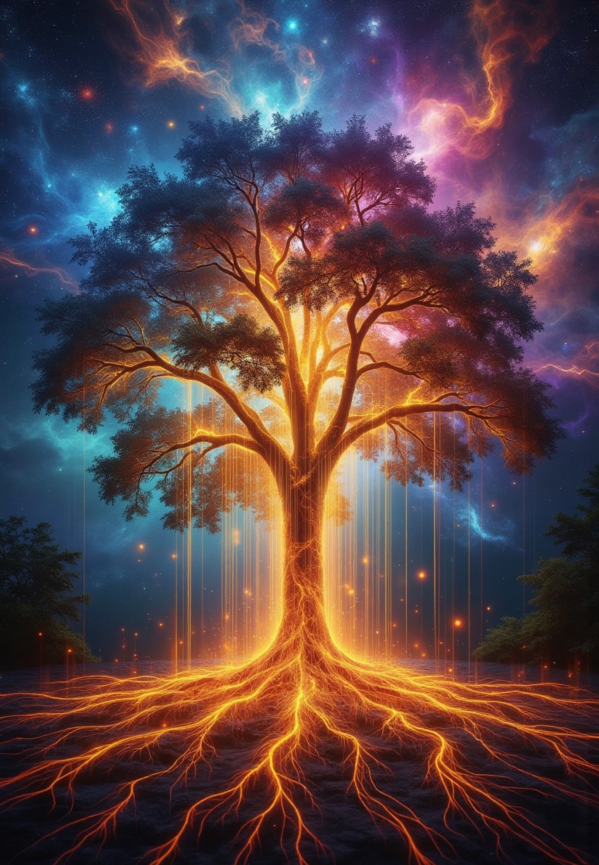 a vibrant,  ethereal scene centered around a glowing tree. The tree's roots extend outward,  emitting bright on Tensor.Art
