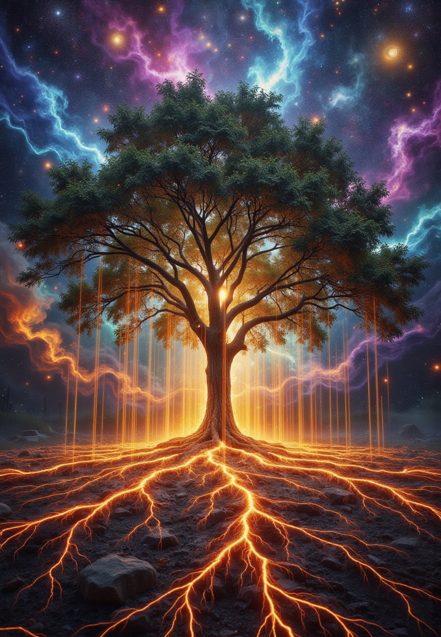 a vibrant,  ethereal scene centered around a glowing tree. The tree's roots extend outward,  emitting bright on Tensor.Art