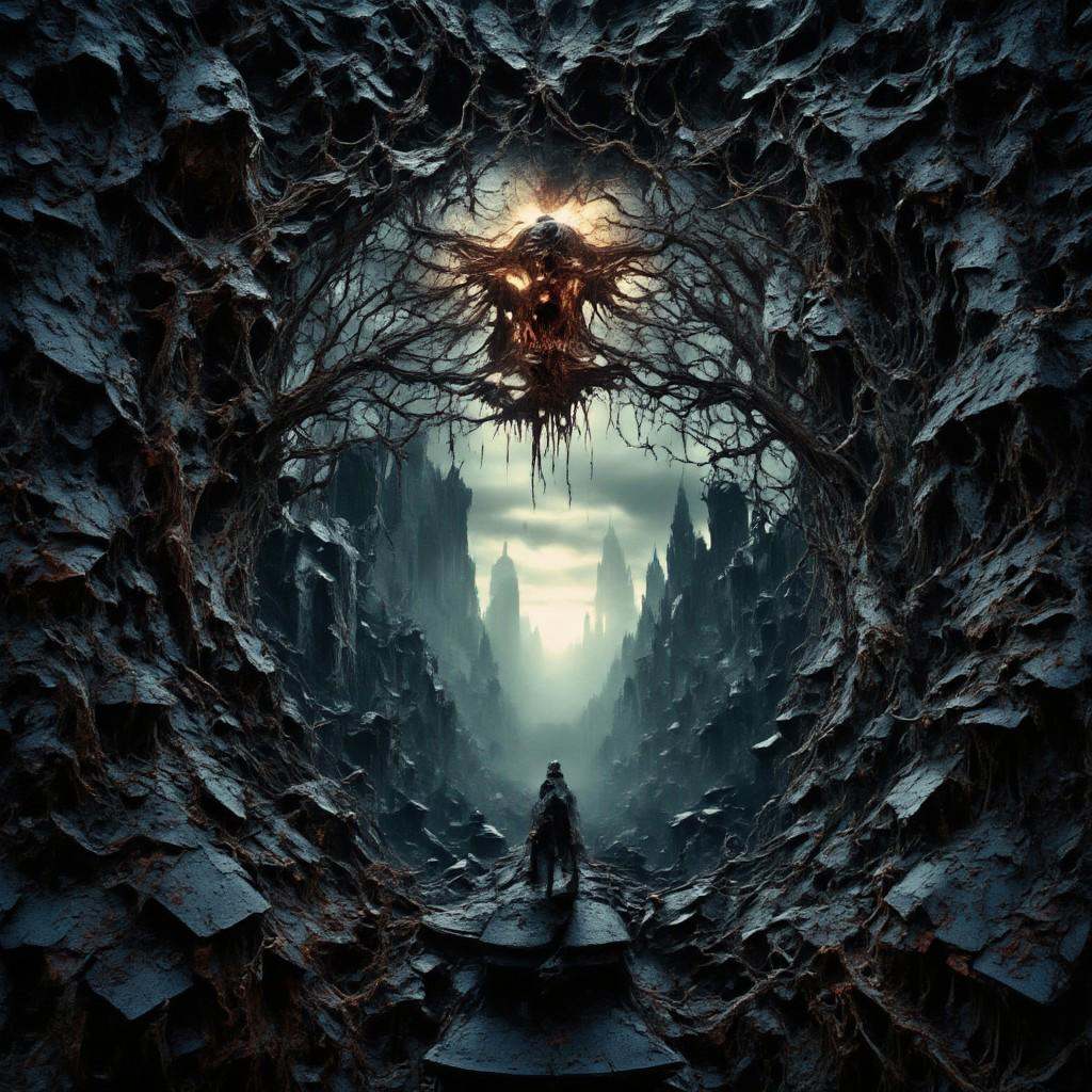 high quality,  8K Ultra HD,  This artwork envisions a metropolis where elements of nightmarish surrealism converge into a...