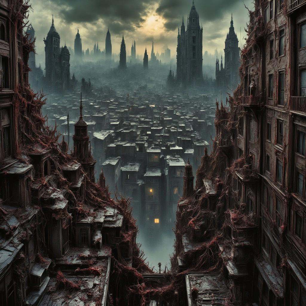 high quality,  8K Ultra HD,  This artwork envisions a metropolis where elements of nightmarish surrealism converge into a...