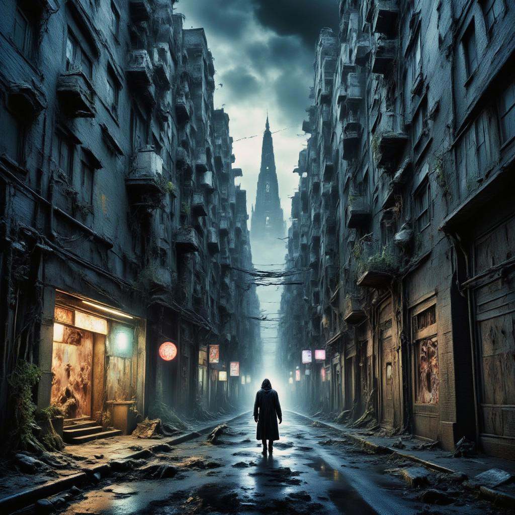 high quality,  8K Ultra HD,  This artwork envisions a metropolis where elements of nightmarish surrealism converge into a...