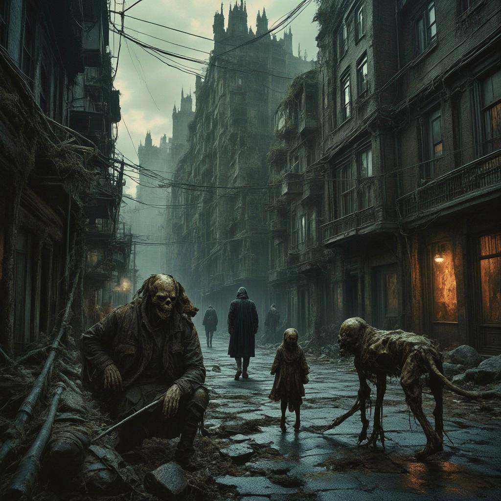 high quality,  8K Ultra HD,  This artwork envisions a metropolis where elements of nightmarish surrealism converge into a...