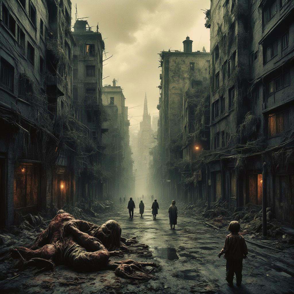 high quality,  8K Ultra HD,  This artwork envisions a metropolis where elements of nightmarish surrealism converge into a...