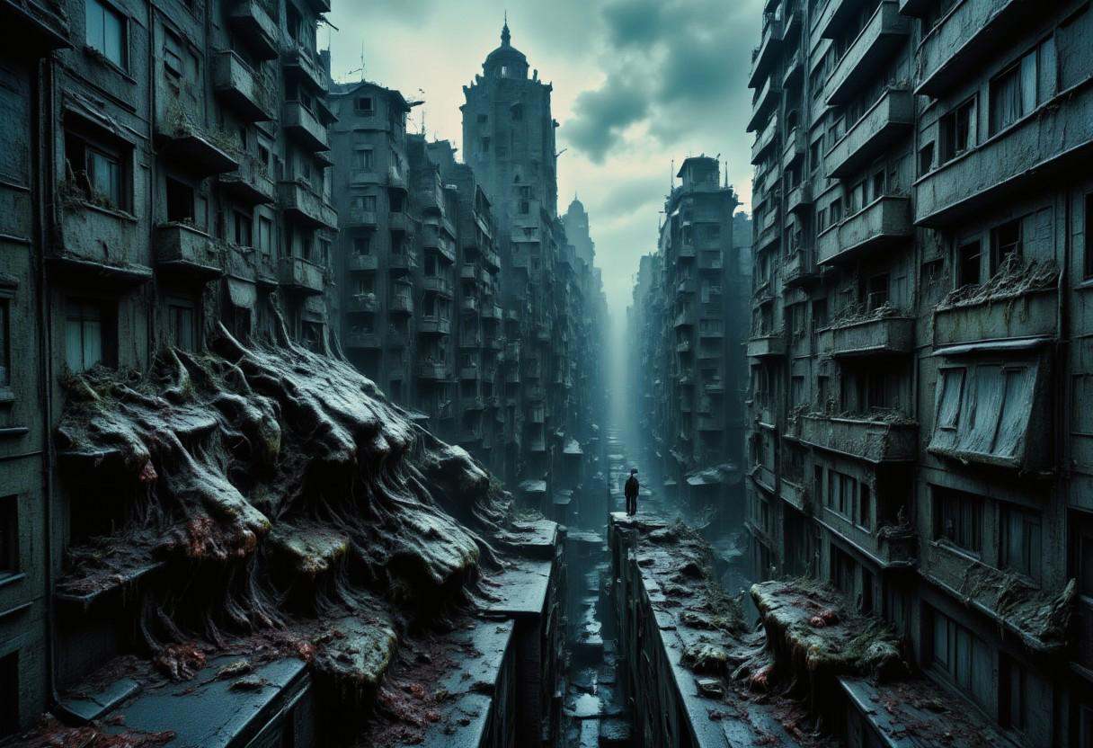 high quality,  8K Ultra HD,  This artwork envisions a metropolis where elements of nightmarish surrealism converge into a...