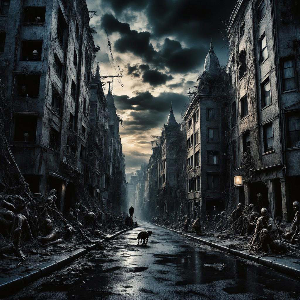 high quality,  8K Ultra HD,  This artwork envisions a metropolis where elements of nightmarish surrealism converge into a...