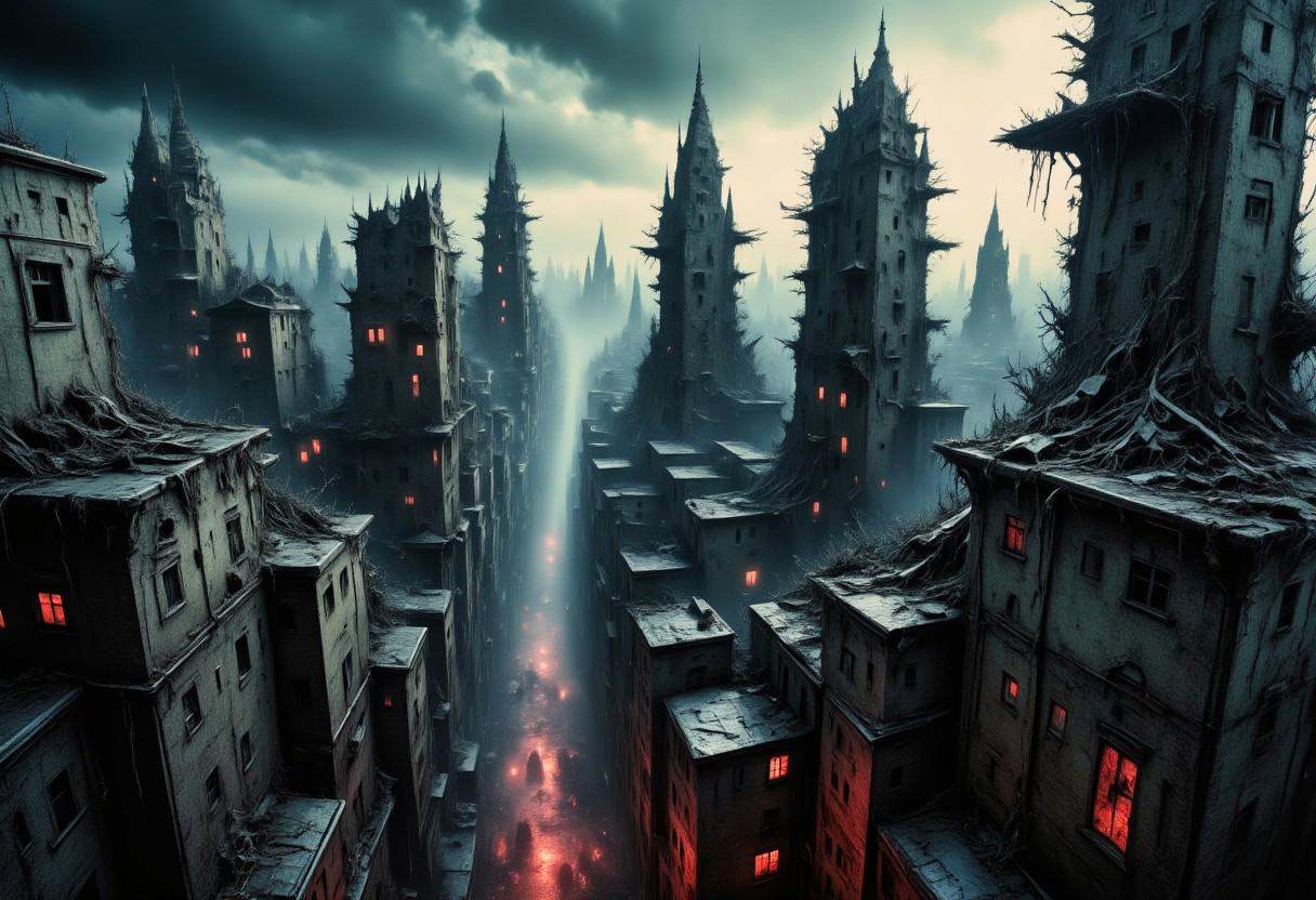 high quality,  8K Ultra HD,  This artwork envisions a metropolis where elements of nightmarish surrealism converge into a...