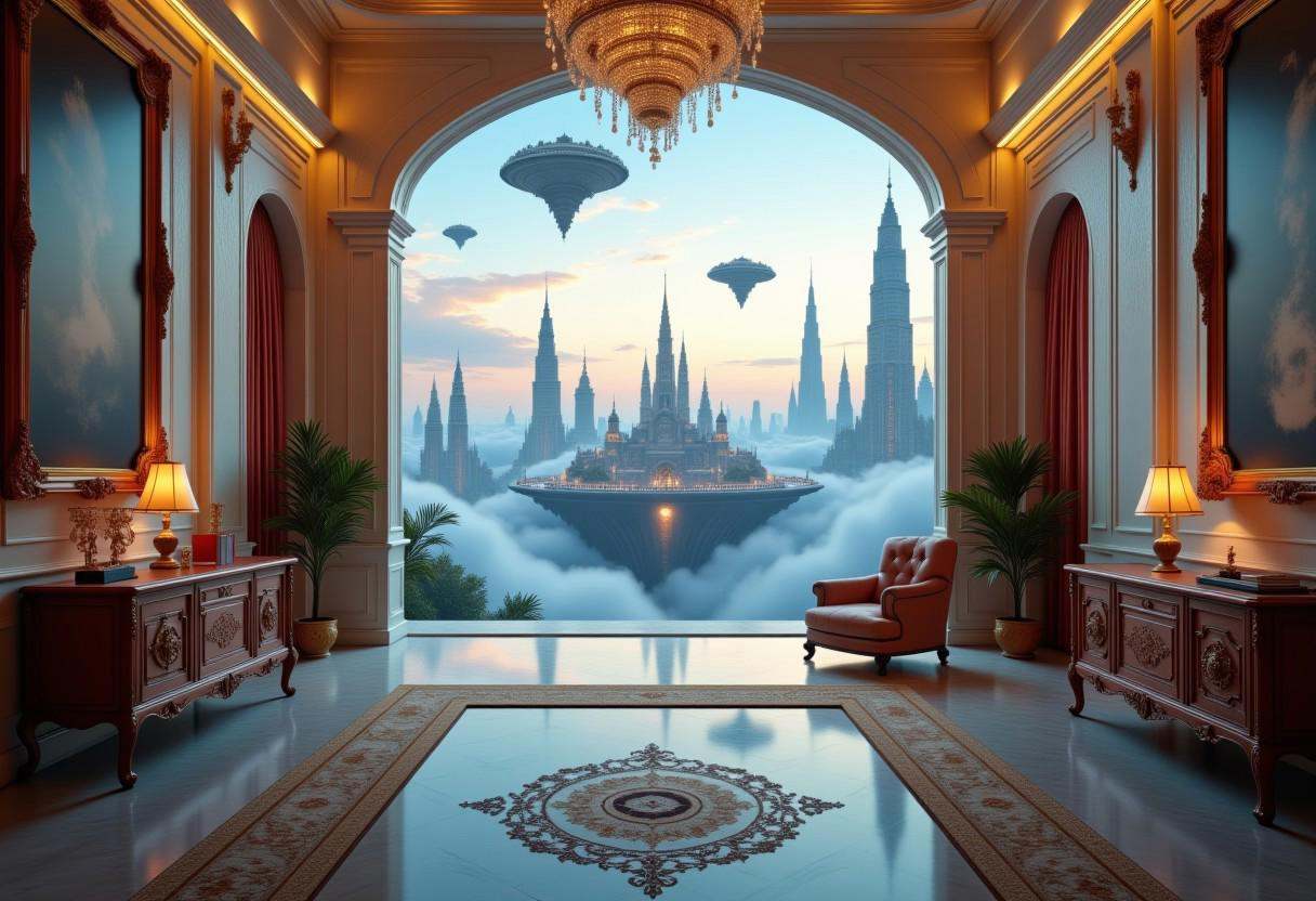 the most realistic,  photorealistic photo ever taken [inside a luxurious mansion leading to a majestical city in the cloud...