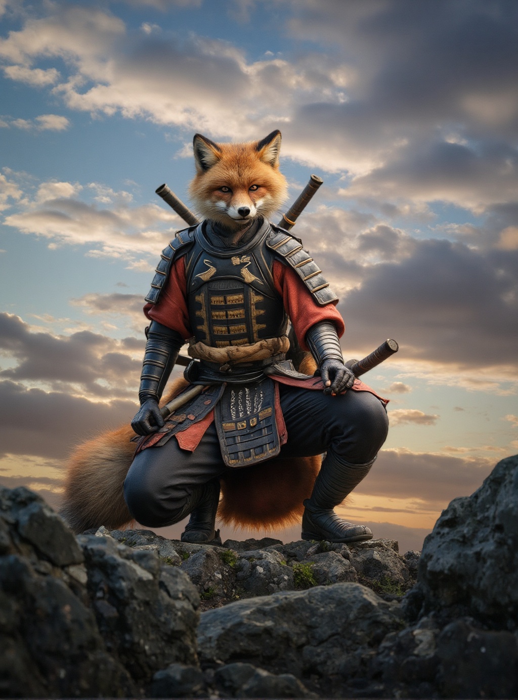 cinematic photography portrait of an anthropomorphized fox samurai warrior on a rocky ledge under a dramatic sky on Tensor...