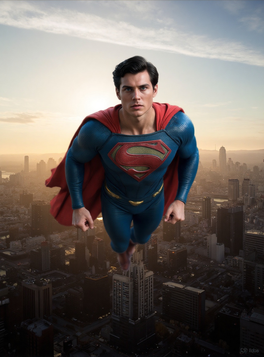 cinematic photography of Superman flying above Metropolis in an upright and strong bold posture with the late day sun shin...