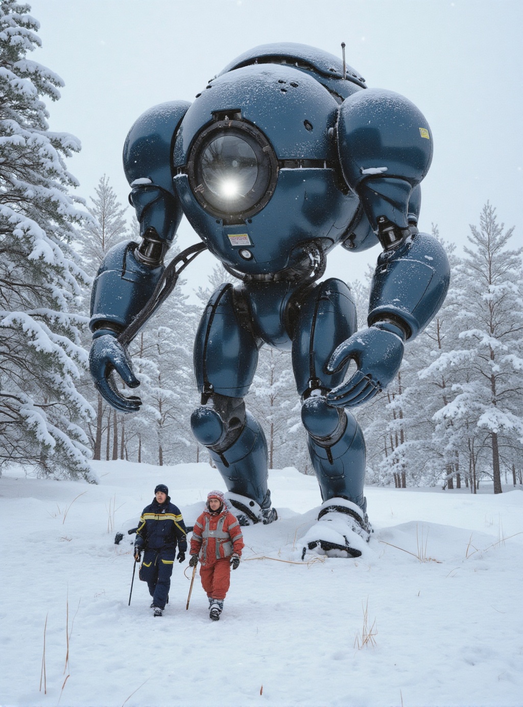 cinematic photography inspired by Simon Stålenhag: a massive mech worker in the snow with tiny human technicians on the gr...