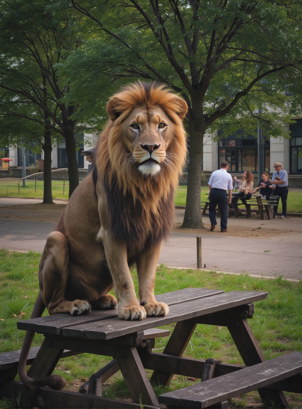 cinematic photography closeup portrait of a majestic lion who sits alert on a picnic table in a city park watching people...