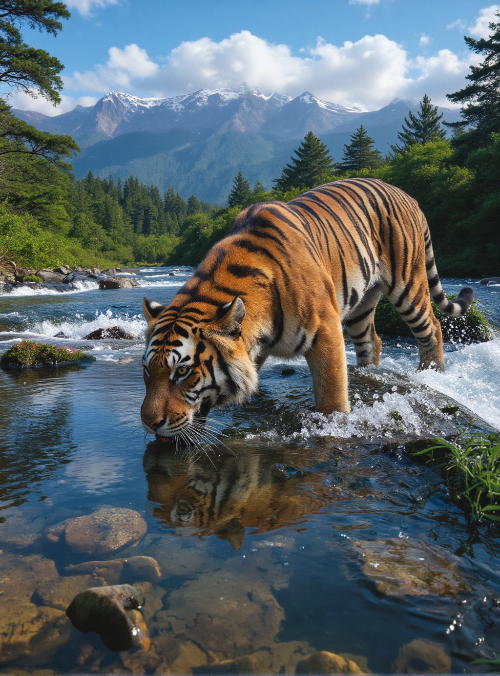 cinematic photography closeup of a majestic tiger drinking from a crystal-clear river,  with a lush jungle and distant sno...