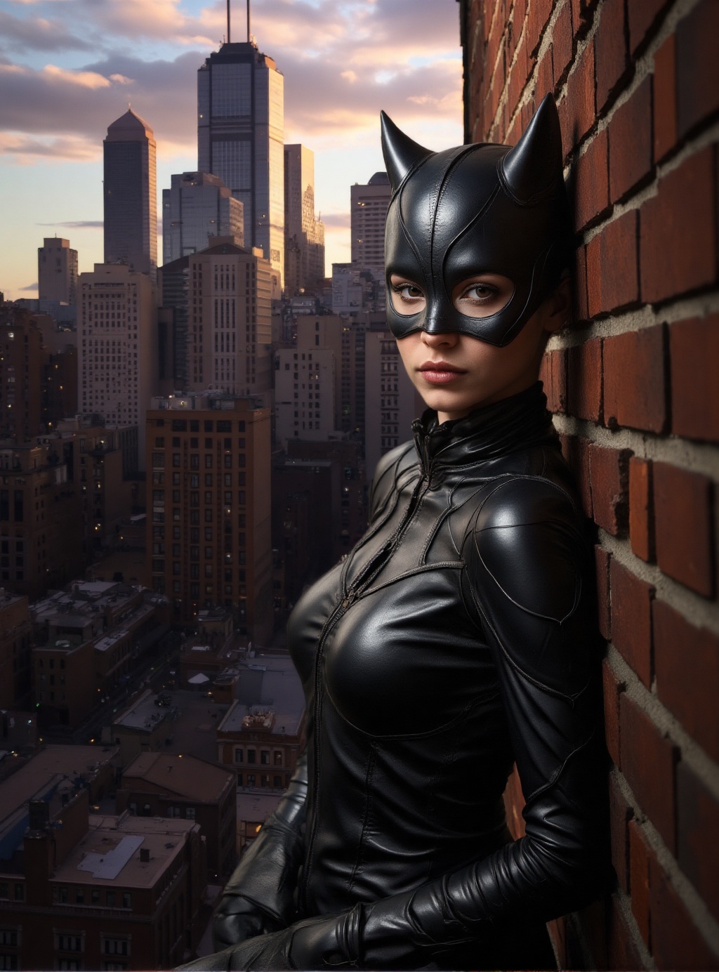 portrait of Catwoman leaning against a brick wall in a big city with skyscrapers in the background. cinematic photography,...