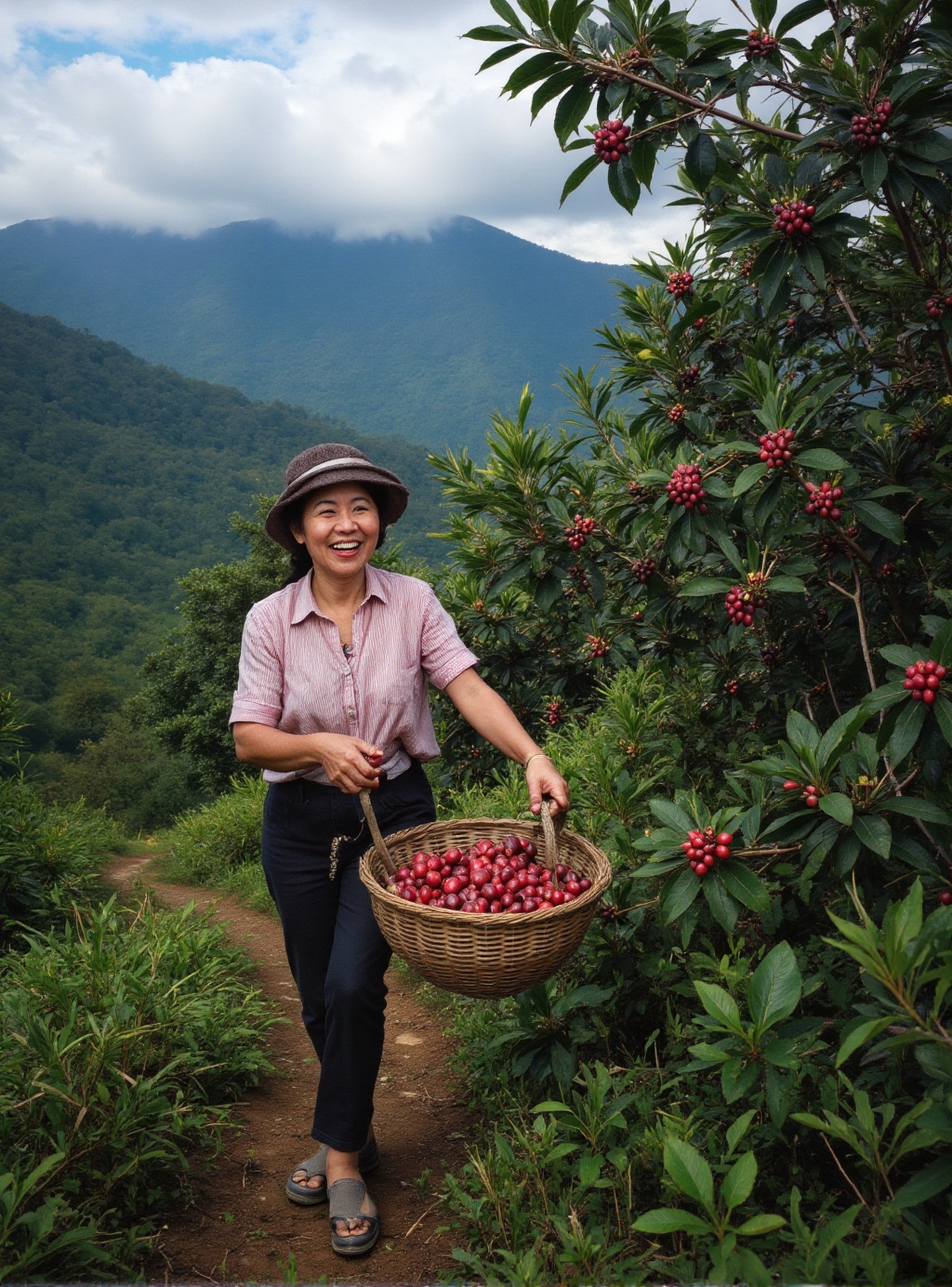 cinematic photography portrait of a cheerful Costa Rican coffee farmer harvesting a basket full of red coffee cherries,  t...