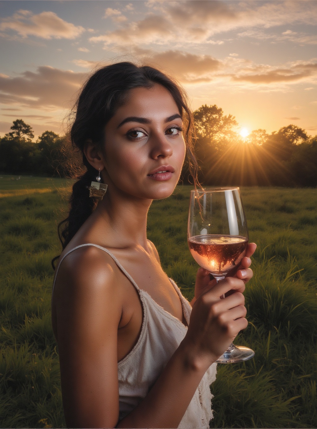 cinematic photography portrait of a beautiful model with a glass of wine outdoor scene with a setting sun on Tensor.Art