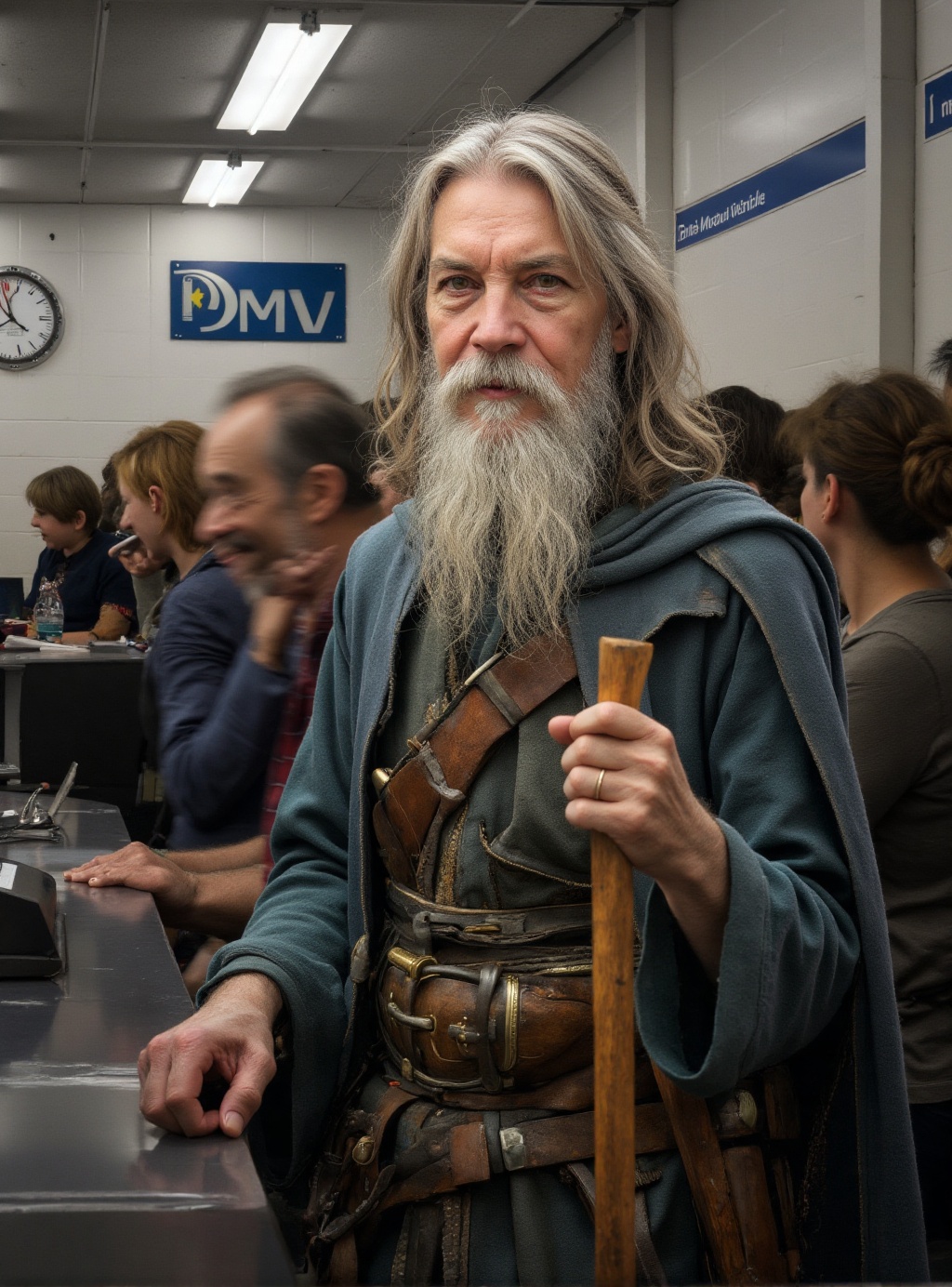 closeup portrait of Gandalf the wizard with his wooden staff as he waits in line at the DMV - department of Motor Vehicles...