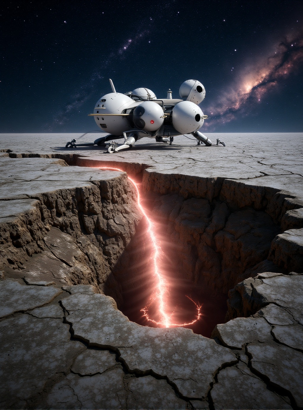 cinematic photography sci-fi scene of a research-explorer peculiar futuristic vehicle on a flat plain barren land under st...