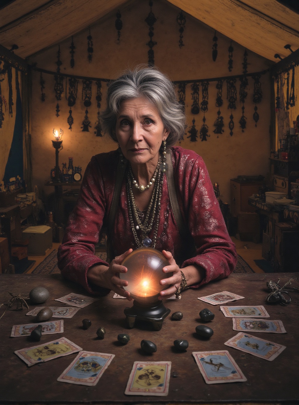 cinematic photography closeup portrait of an older handsome gypsy woman who sits behind a table strewn with scrying device...