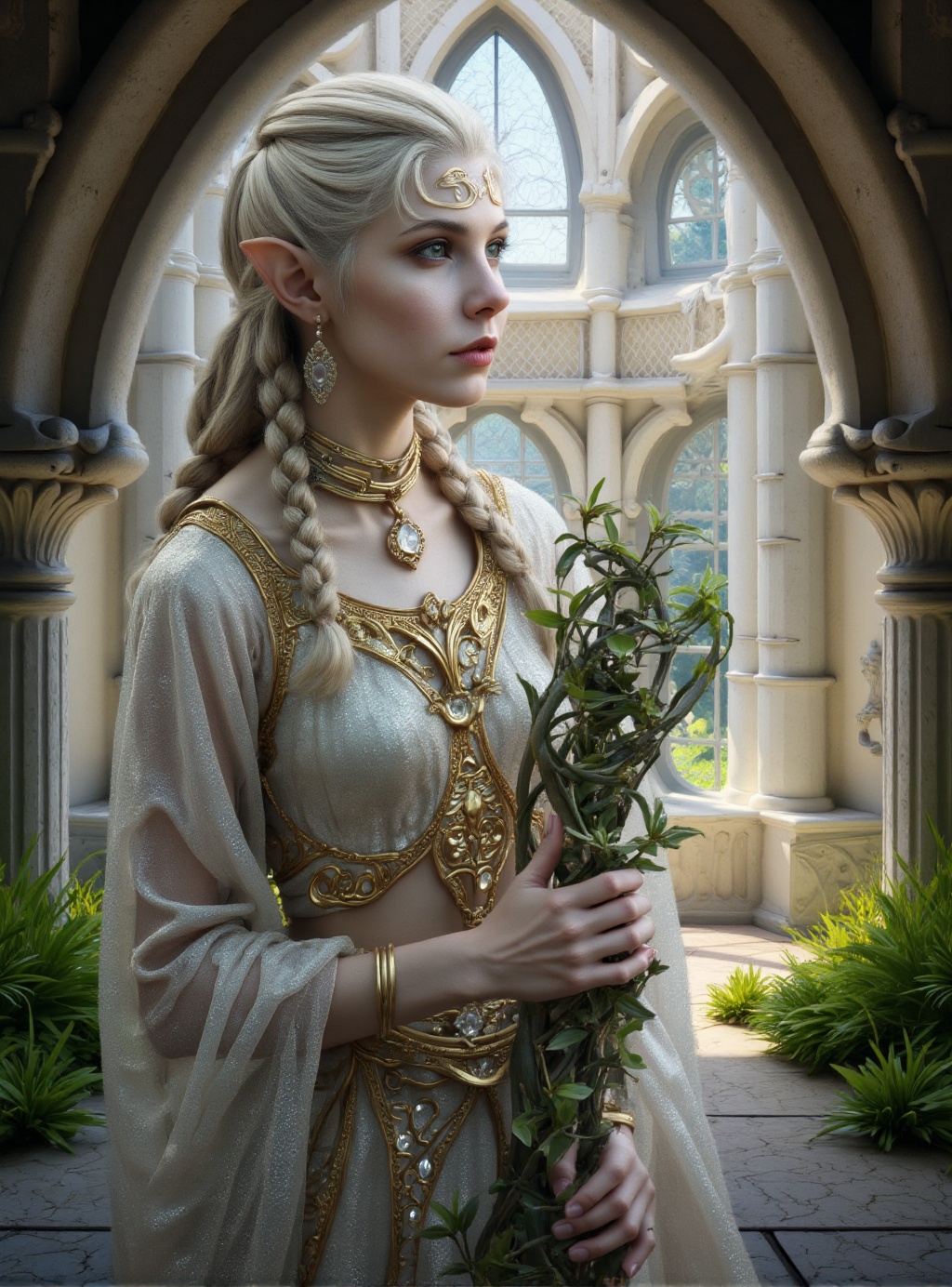 cinematic photography head and shoulders portrait of a High Elf Royalty: In a palace of crystalline towers,  a high elf pr...