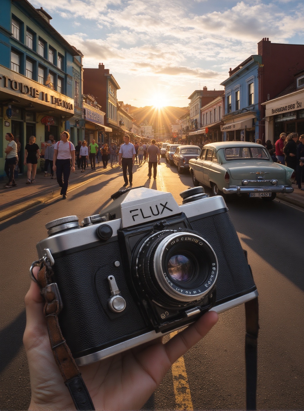 cinematic photography closeup view of a vintage camera branded "FLUX",  with intricate dials and a leather strap,  held by...