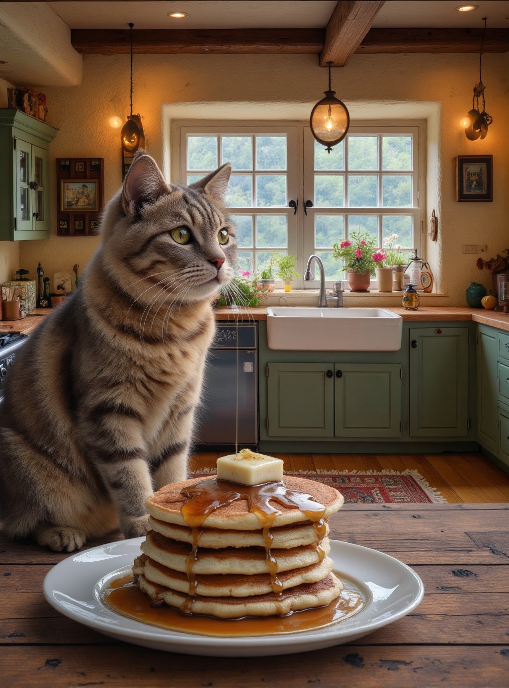 A cat sits on a wooden table and looks at a stack of pancakes with syrup in a rustic country-home kitchen on Tensor.Art