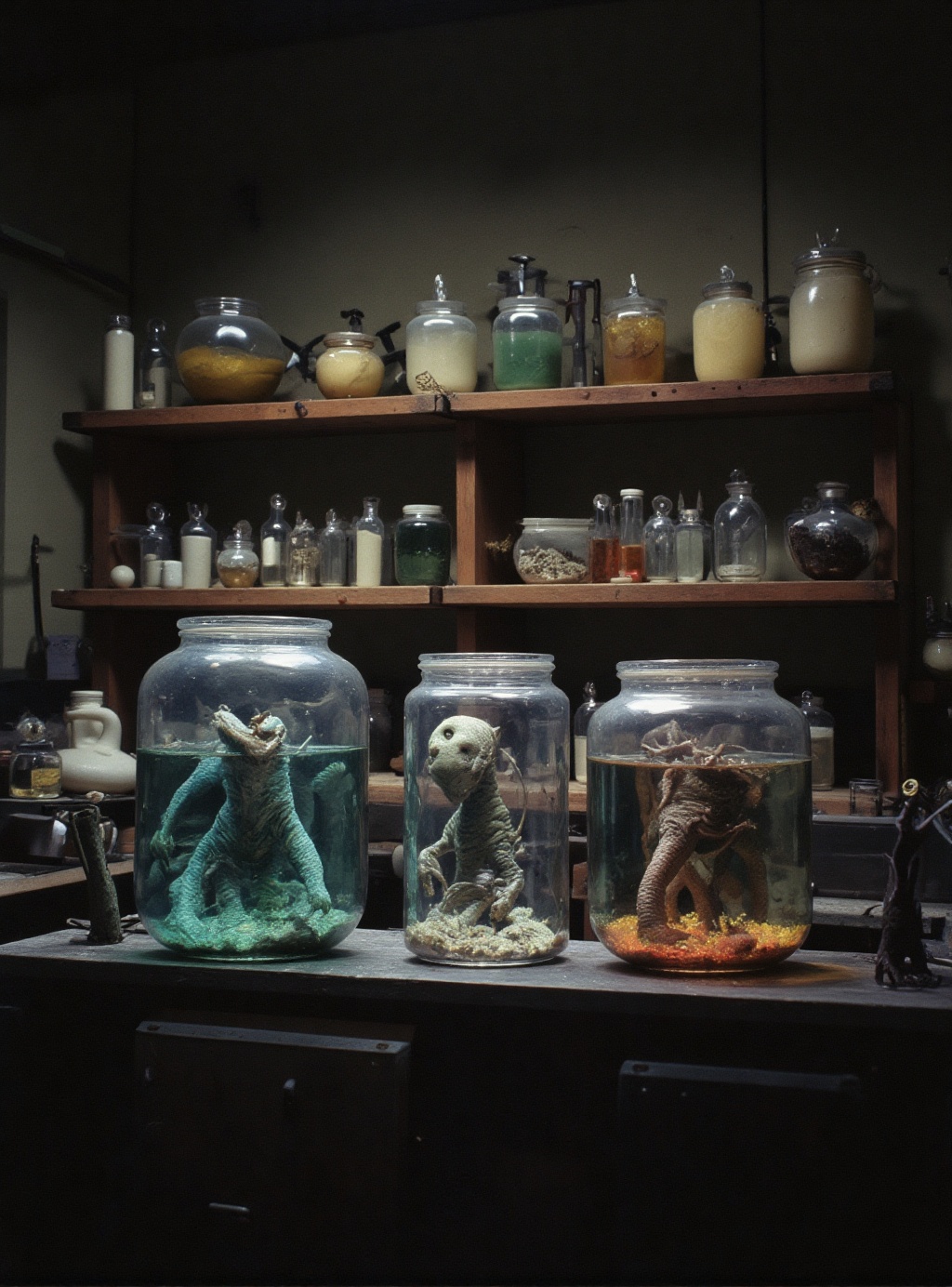 cinematic photography of monsters in a jar in the dark laboratory of a mad scientist from 1955,  orderly but full shelves...