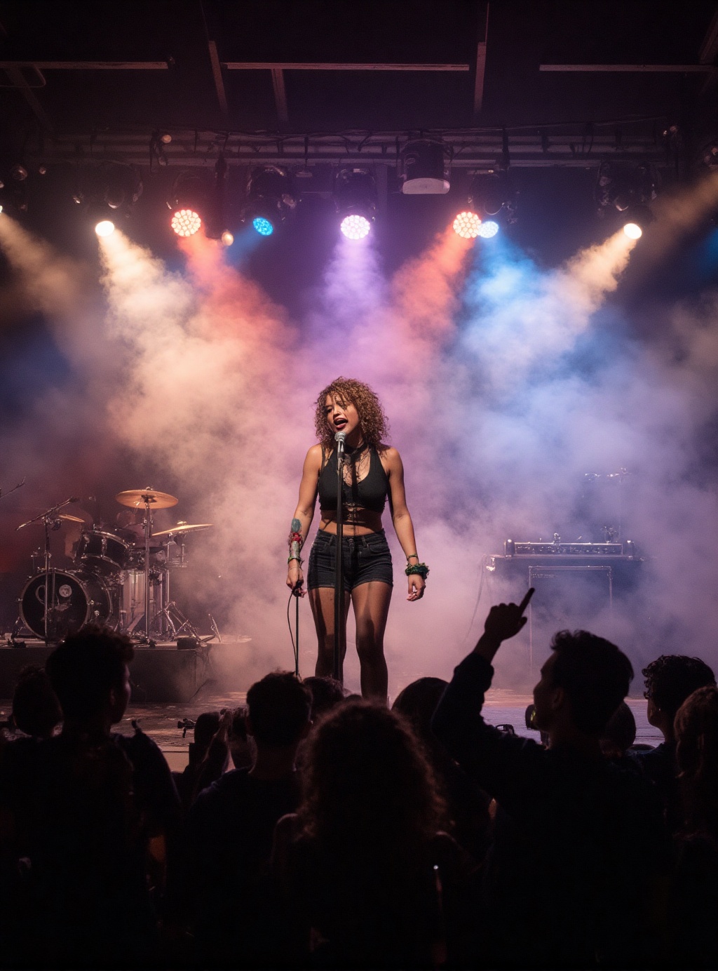 cinematic photography of a rock-and-roll female singer on stage with dramatic colorful lights and smoke with dark silhouet...