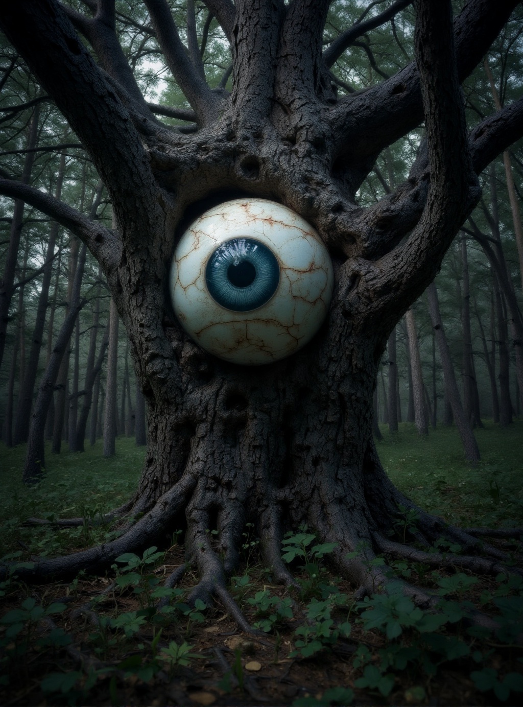 cinematic photography of a large creepy eyeball embedded in a dark oak tree in a dank dark haunted forest on Tensor.Art