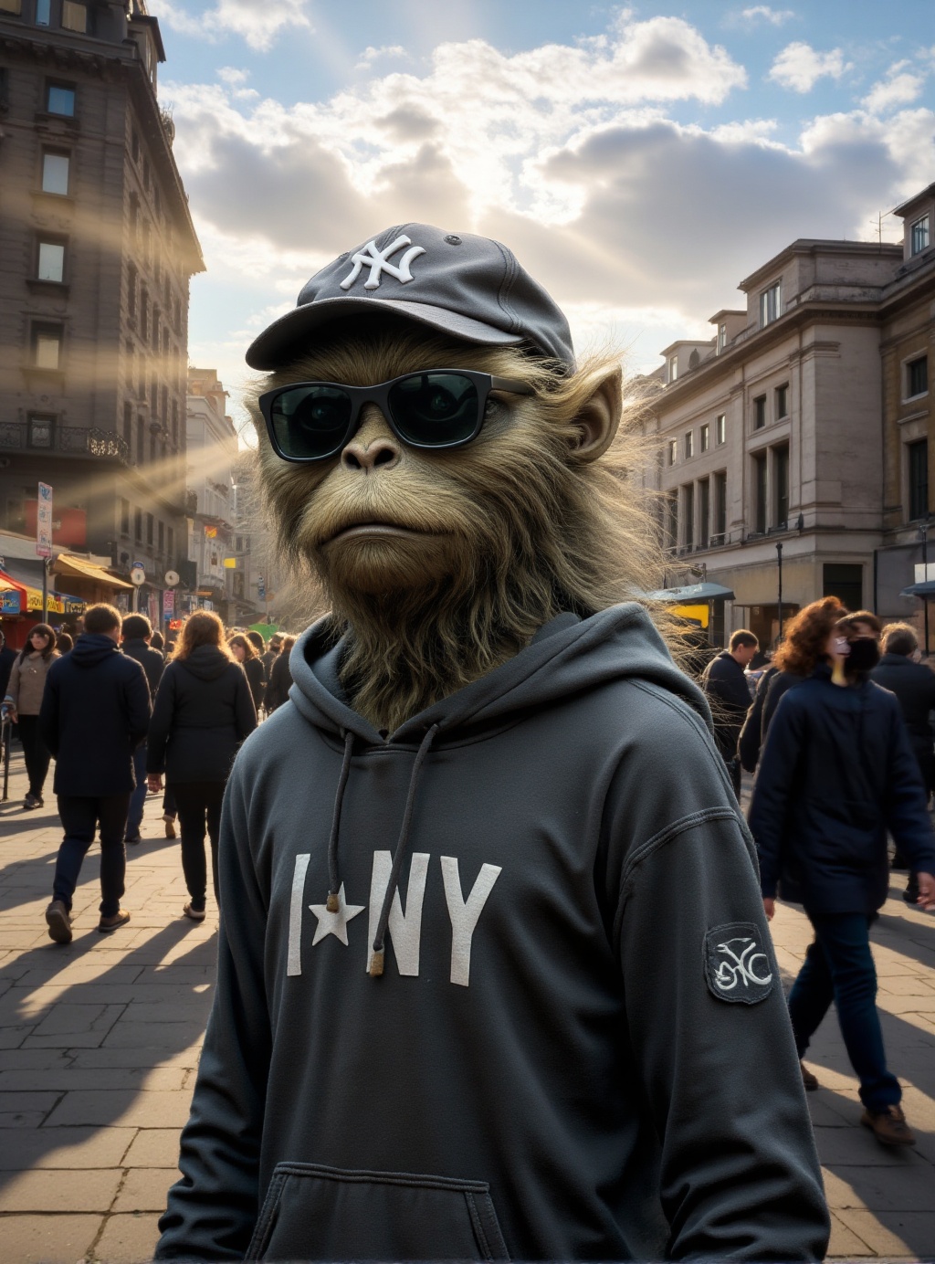closeup portrait of a taciturn bipedal furry monster who tries to keep a low profile and blend in with human clothes by we...