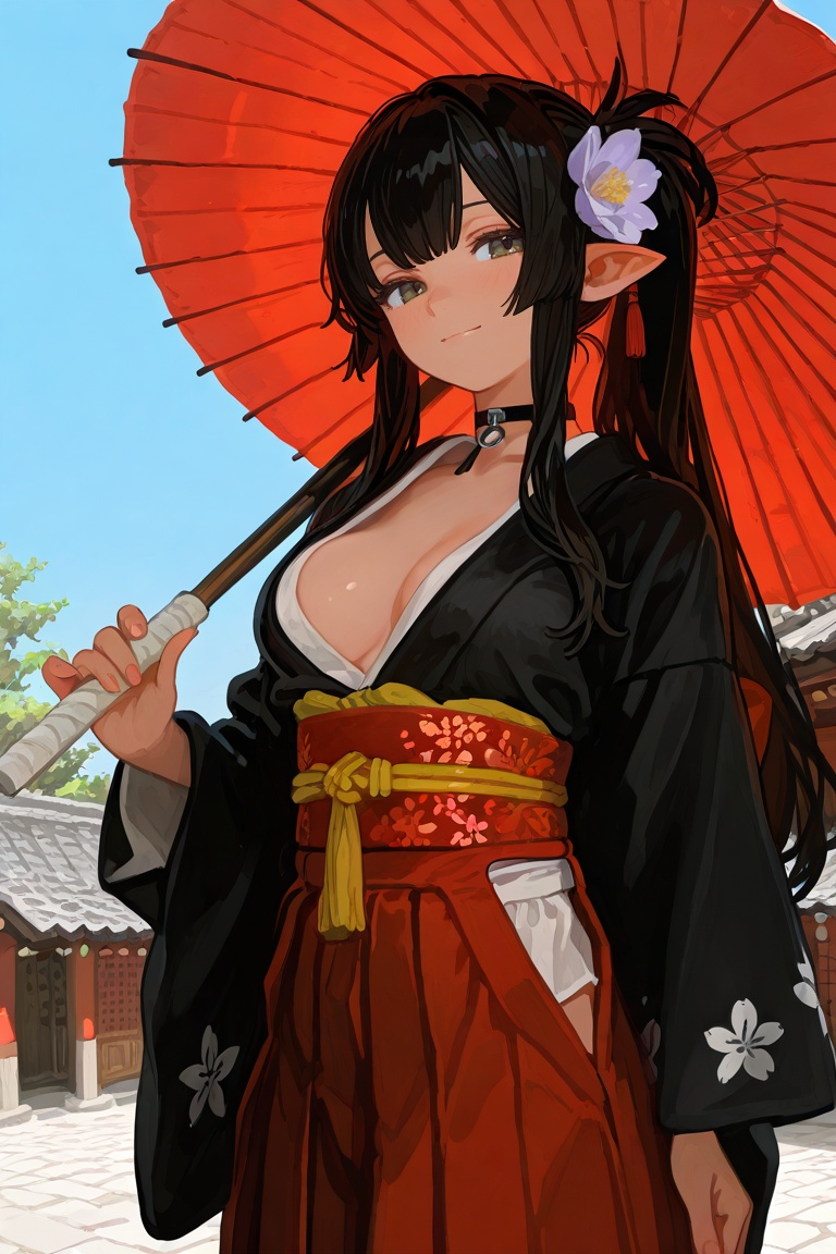 newest,  late,  1girl black_kimono blue_sky breasts choker flower grey_eyes hair_flower hair_ornament hakama hakama_skirt...