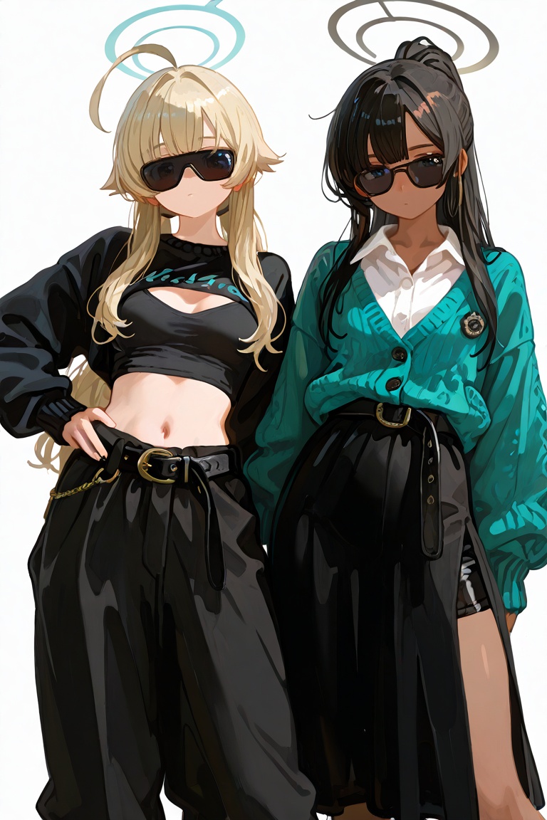 newest,  late,  2girls ahoge alternate_breast_size alternate_costume asymmetrical_bangs belt_buckle black_hair black_pants...
