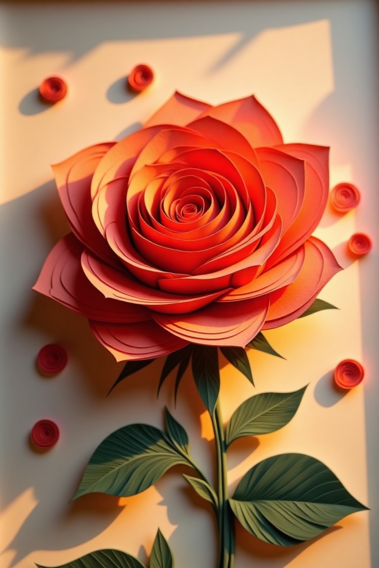 A delicate Paper Quilling Art depiction of a rose flower,  framed in close-up. Intricate quilled layers form the soft peta...