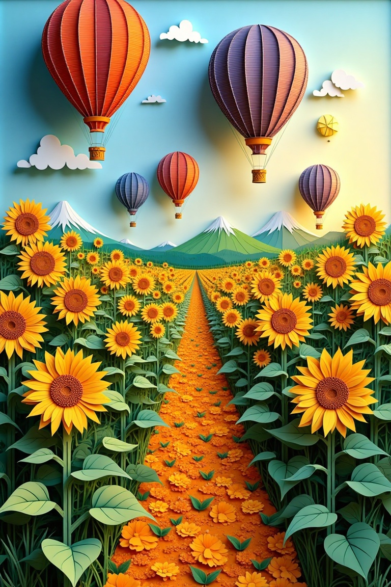 A vibrant Paper Quilling Art depiction of a sunflower orchard,  framed in a wide shot. Golden sunflowers stretch toward th...