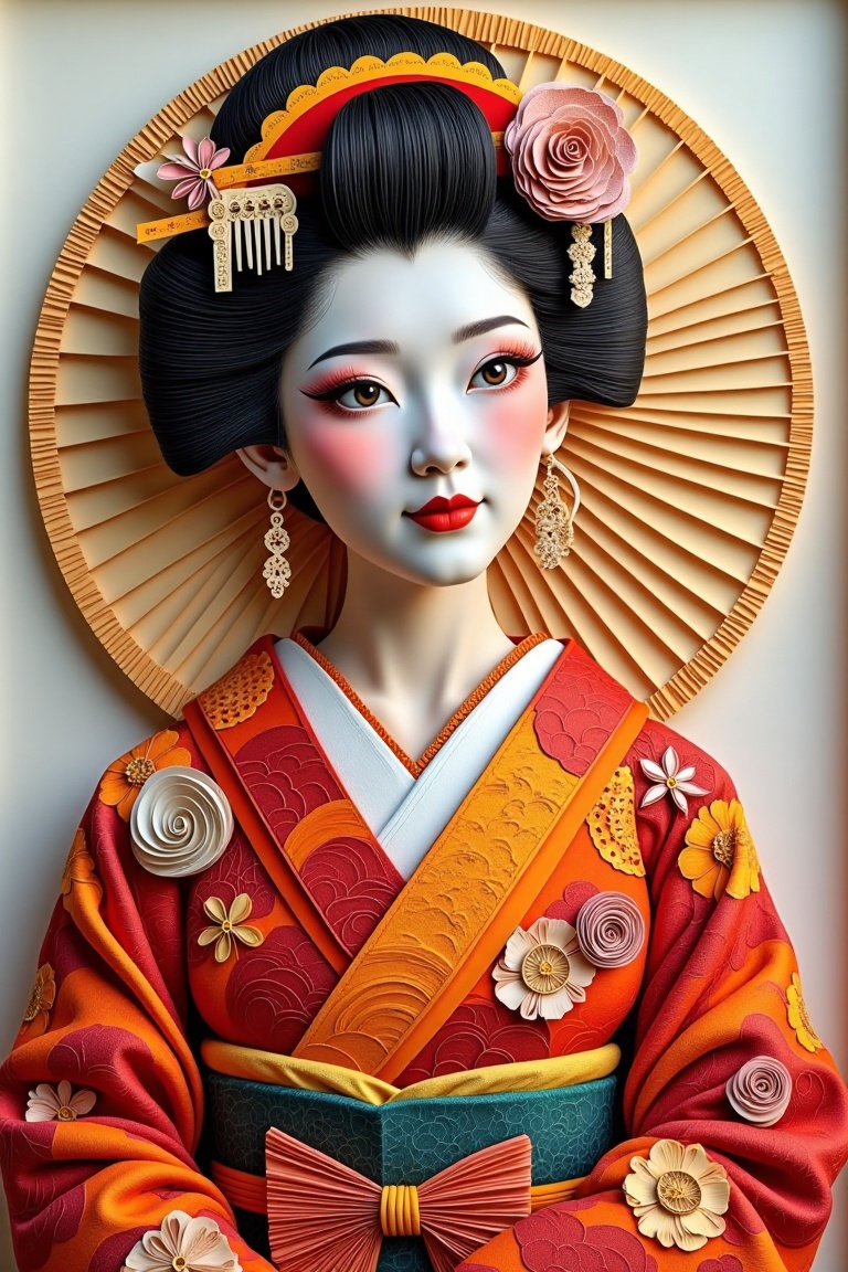 A stunning Paper Quilling Art portrait of a geisha in a traditional kimono,  framed from the waist up. Delicate quilled la...