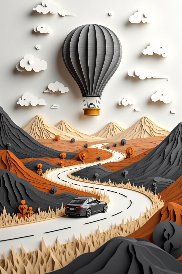 A serene Paper Quilling Art scene featuring a car driving along an empty road under cloudy skies. Framed from a distance,...