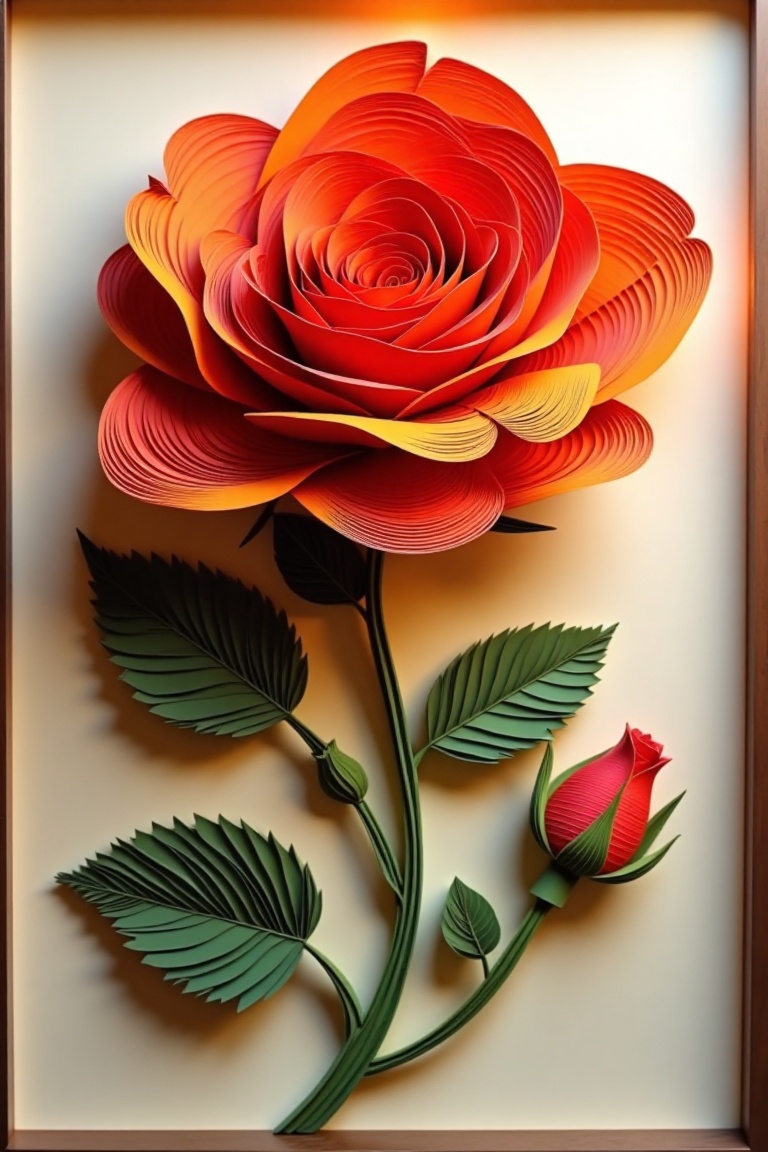A delicate Paper Quilling Art depiction of a rose flower,  framed in close-up. Intricate quilled layers form the soft peta...