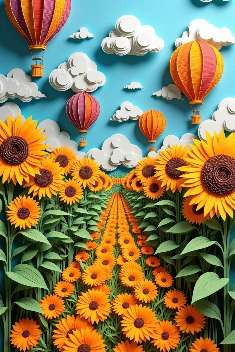 A vibrant Paper Quilling Art depiction of a sunflower orchard,  framed in a wide shot. Golden sunflowers stretch toward th...