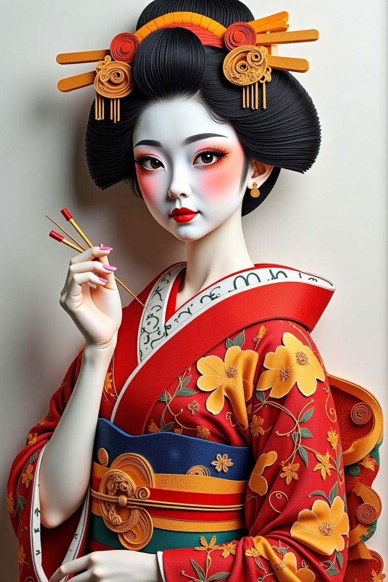 A stunning Paper Quilling Art portrait of a geisha in a traditional kimono,  framed from the waist up. Delicate quilled la...