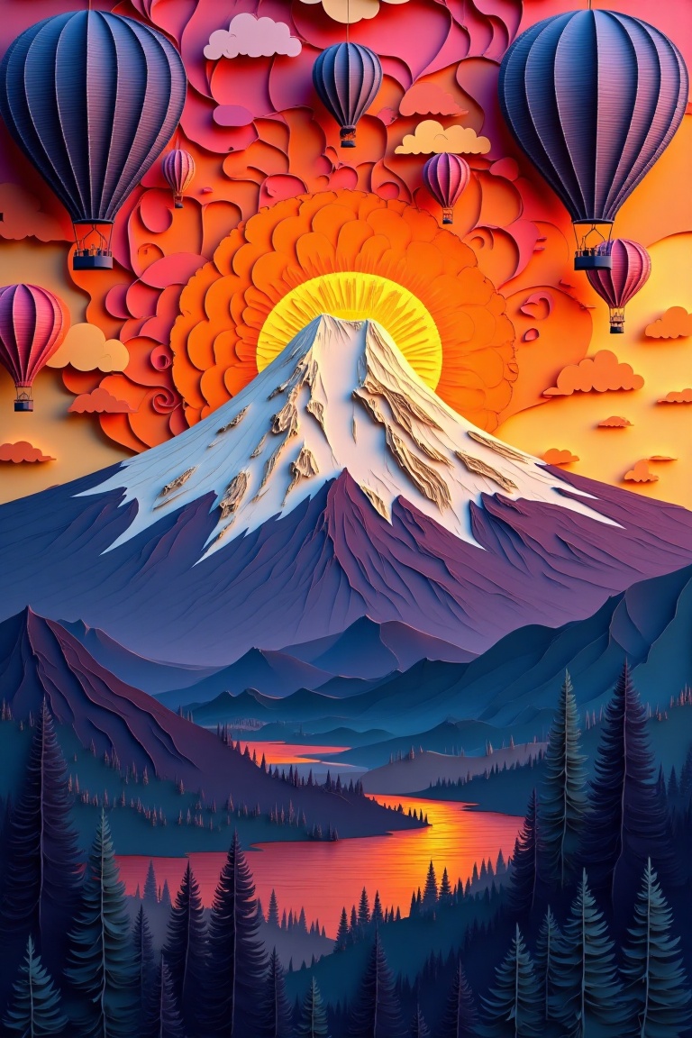 A breathtaking Paper Quilling Art scene with a spectral glow illuminating a majestic mountain as the sun rises. Framed fro...