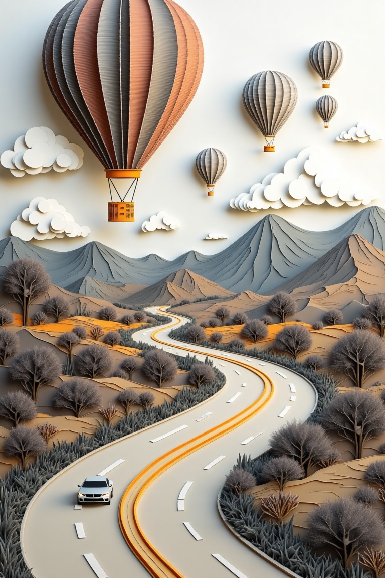 A serene Paper Quilling Art scene featuring a car driving along an empty road under cloudy skies. Framed from a distance,...