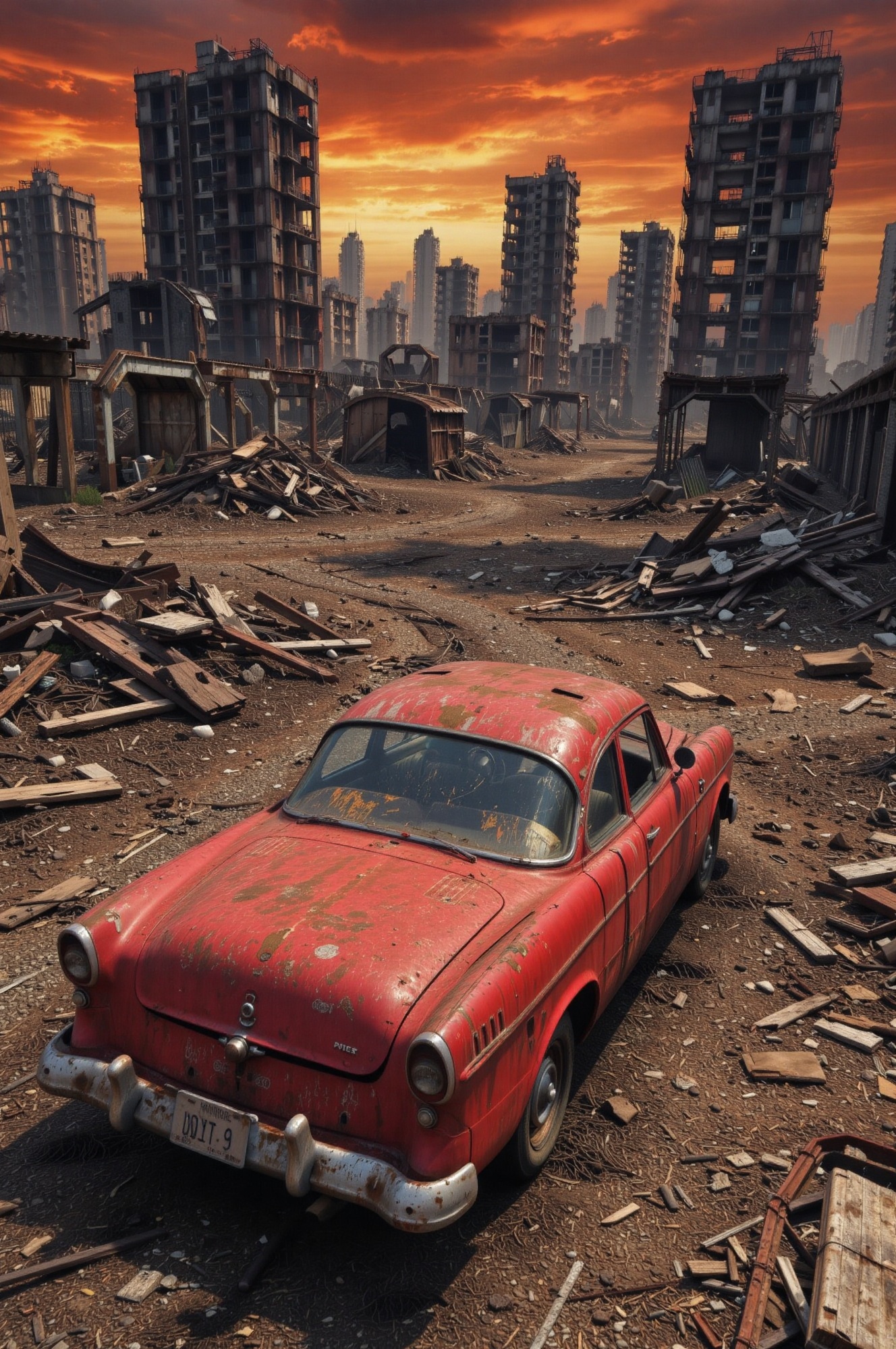 A slightly low-angle,  wide shot of a red vintage car in the lower right foreground,  facing away from the viewer. The car...