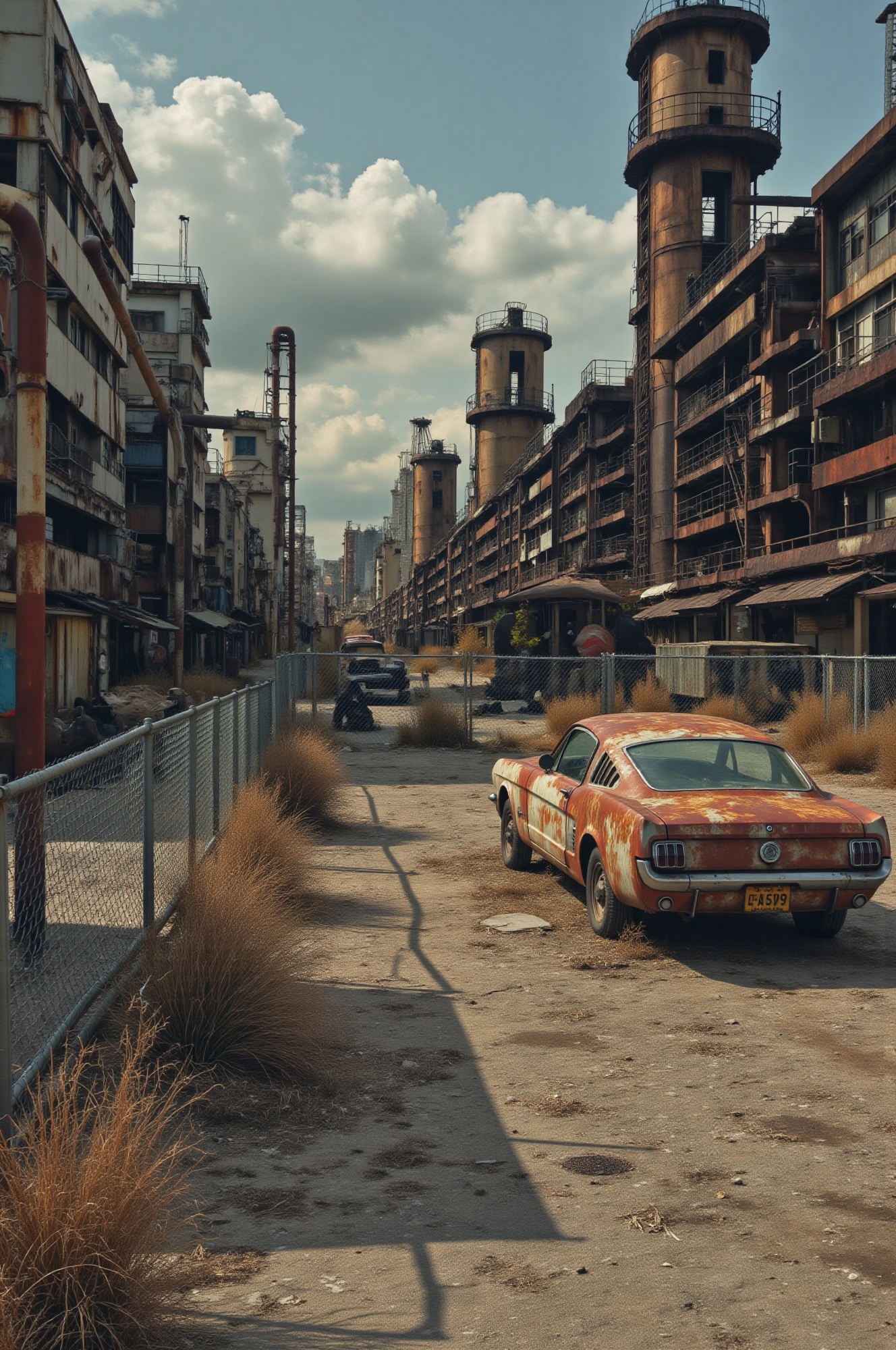 A slightly low-angle,  wide shot of a rusty,  vintage car in the right foreground on Tensor.Art