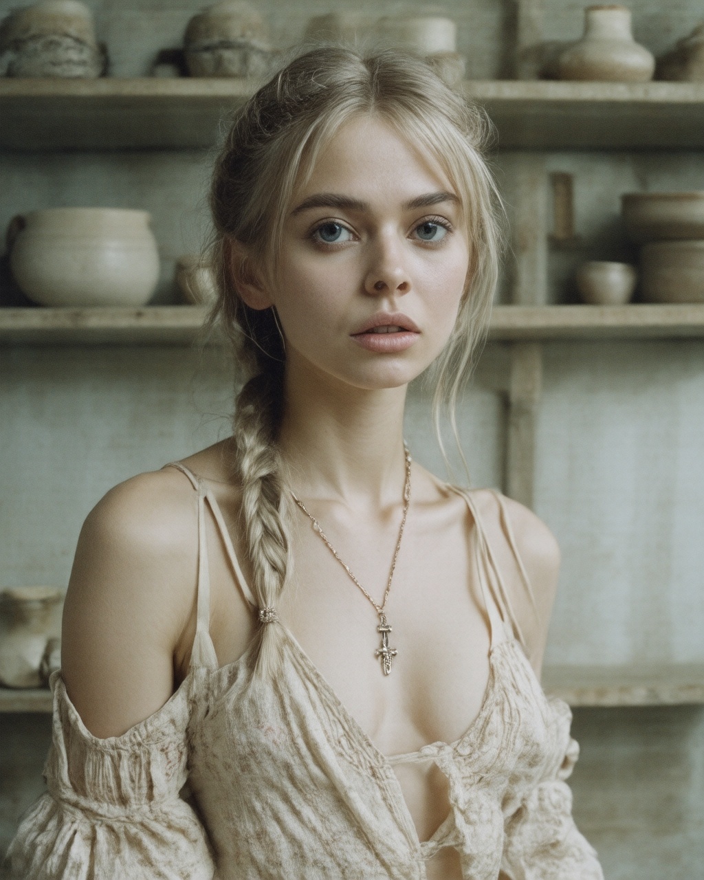 The image shows a person with light brown hair styled in a braided fashion,  wearing a necklace with a small cross pendant...